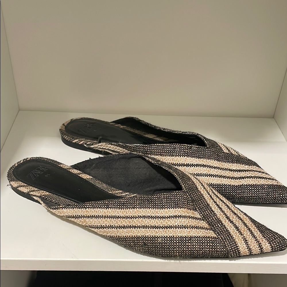 Zara Black and Gold Mules with Striped Design